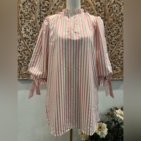 Entro White & Pink Stripe SearSucker Mini Dress, Exaggerated Balloon Sleeves - Picture 2 of 16